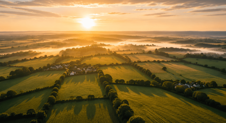 Sunset over farming fields