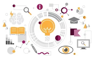 A circle with various icons and a light bulb, representing the concepts of knowledge and experience.