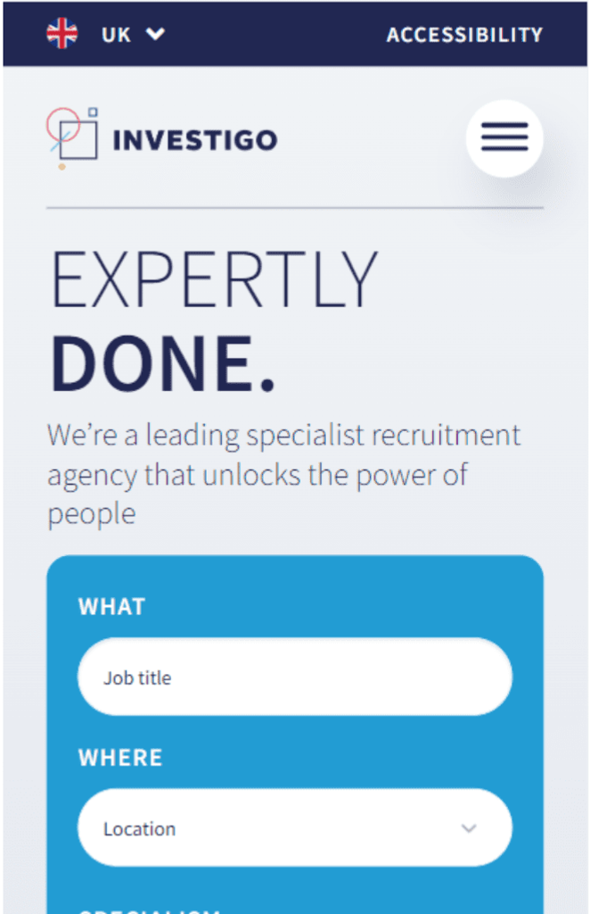 Investigo Recruitment Website on Mobile Device with Accessibility Tools
