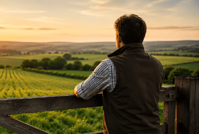 A farmer in a gillet and a shirt stood at the farm gate looking out to green fields with sunlight in the distance 