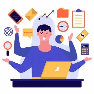 A person at a laptop multitasking with extra arms, surrounded by icons of a phone, envelope, clock, graph, calculator, and chat bubble, conveying busy productivity.