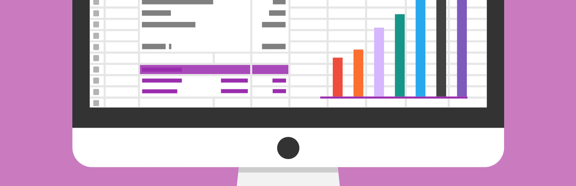 Graphic of a PC monitor screen showing vague stats on it in the form of a bar chart on a purple background.