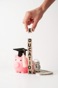 Piggy bank with text saying education