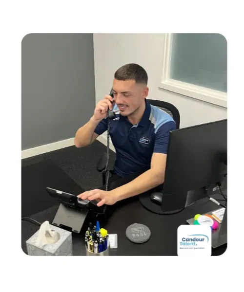 Candour Talent Recruitment Agency - Permanent Jobs Page. Featuring Senior Sales Recruitment Consultant Scott Smith on the phone, embodying our proactive approach to client engagement and personalized recruitment solutions, reflecting our dedication to excellence in service delivery