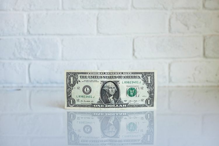 american one dollar in front of white brick wall
