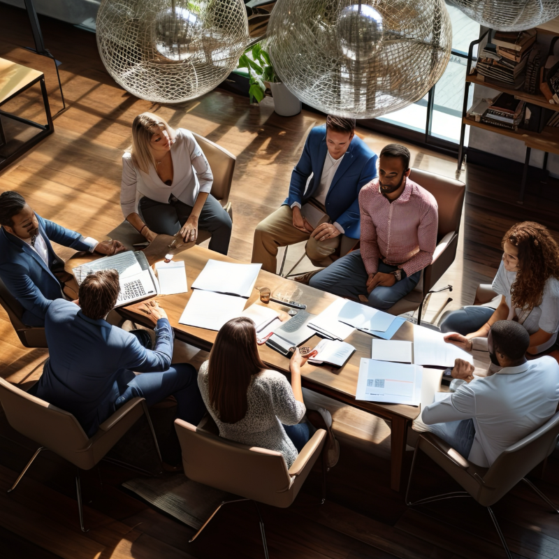 Employees sitting around office desk