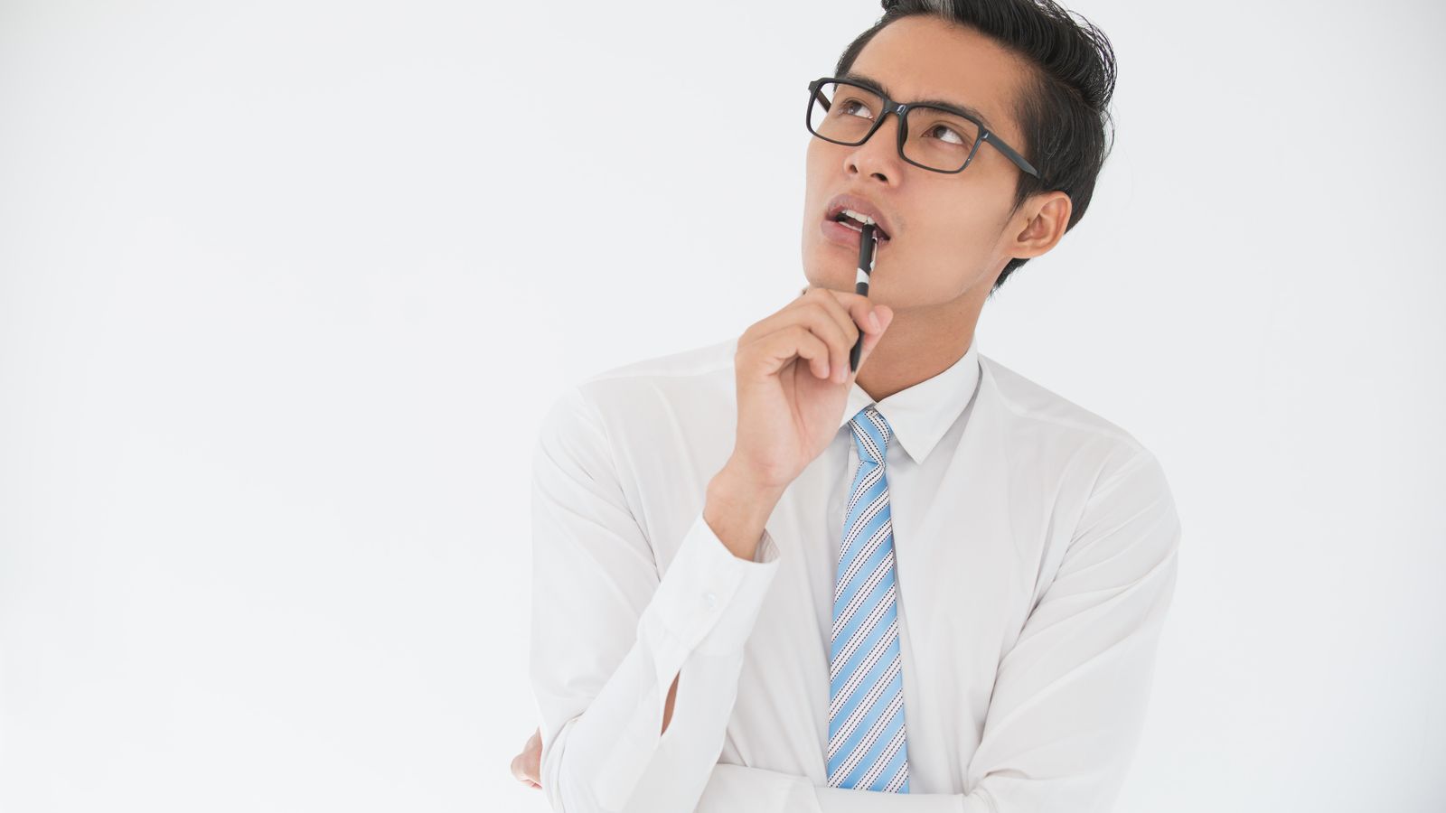 Pensive Asian Business Man Biting Pen Min
