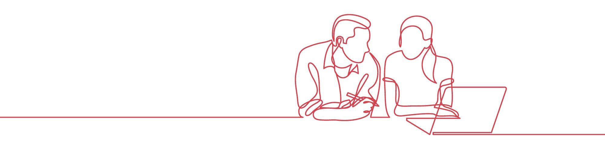 Continuous line art of man and woman on laptop