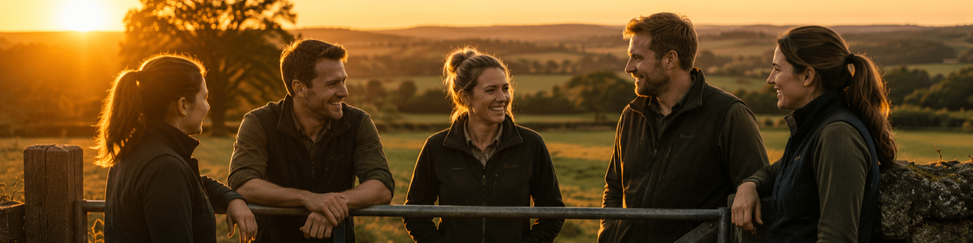 A group of agricultural rural people stood at a farm gate laughing in sunlight