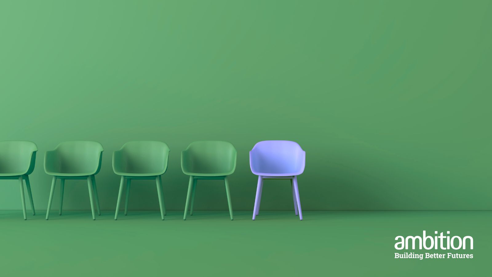 Green room with 4 green empty chairs and 1 purple empty chair