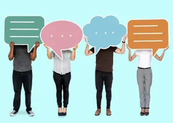 Group of individuals with speech bubbles, representing different communication styles and engaging in conversation.