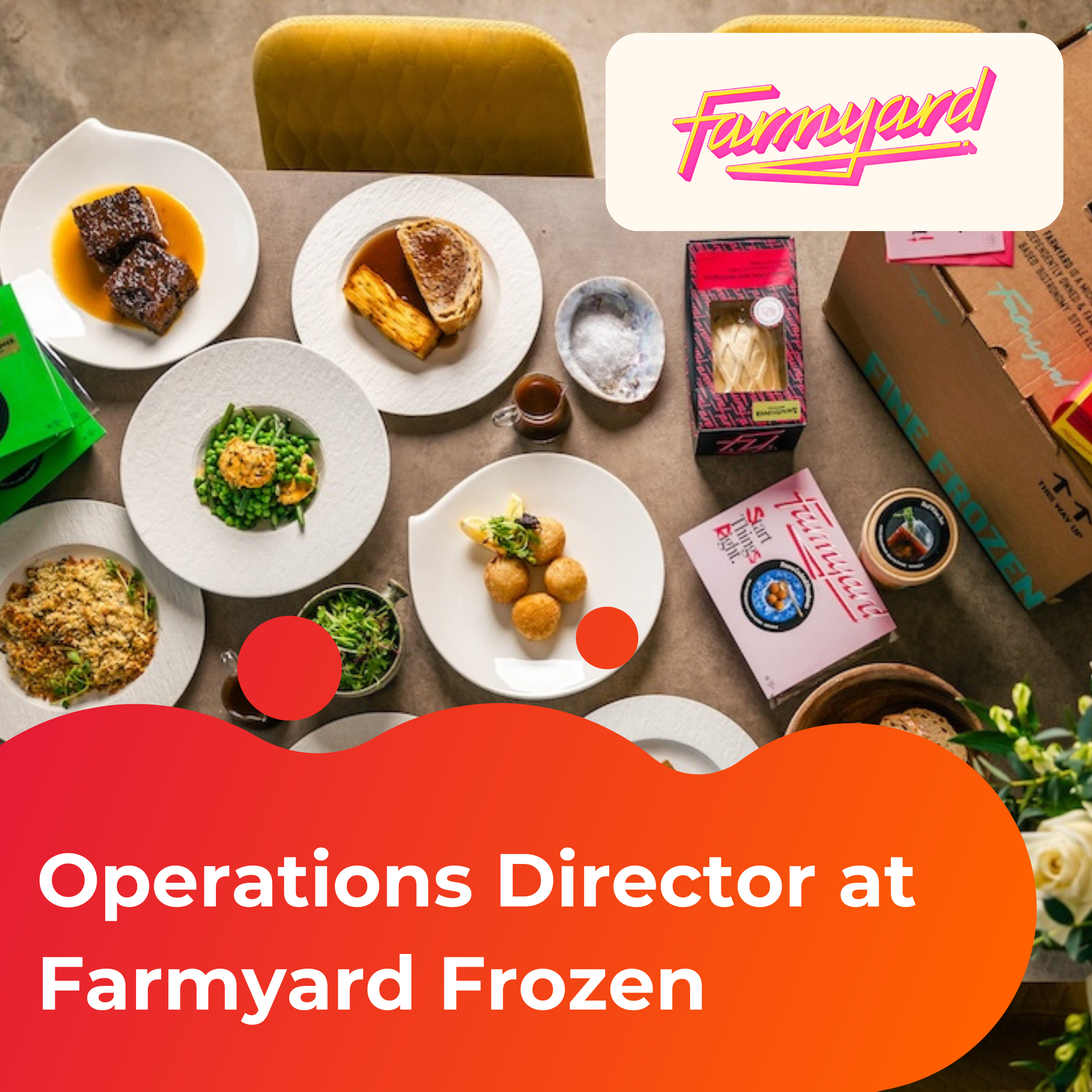 Operations Director at Farmyard Frozen Case Study. The image shows a selection of Farmyards food products on white plates, displayed on a grey table with yellow chairs. The food is colourful.