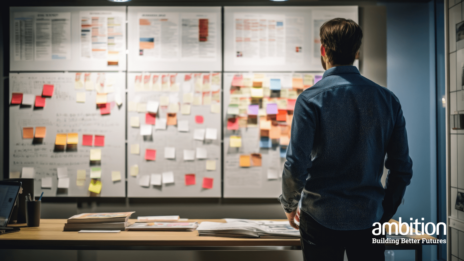 Man standing with back to camera starting at white board covered in post it notes