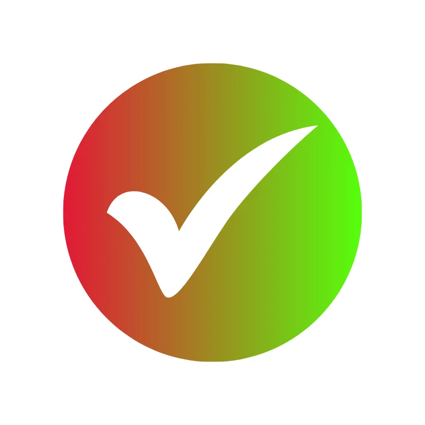 A white tick icon centred within a red and green gradient circle.