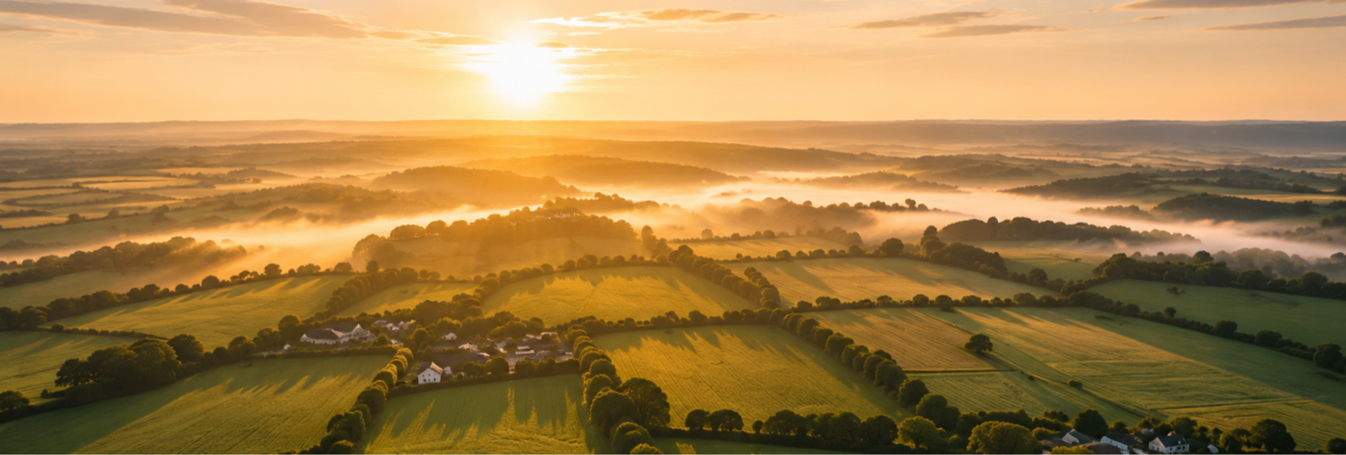 An image of rural green farm fields in the UK in sunlight