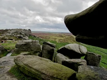  Scenic view of rocks and grass under a cloudy sky in the Peak District, highlighting the area's rugged beauty.