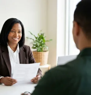 . A woman and a man sit at a desk, engaged in a collaborative discussion, sharing advice and ideas.