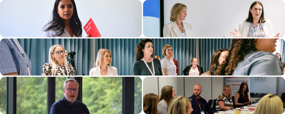 A grid of 5 images showing people talking and listening at The ONE Group's events.