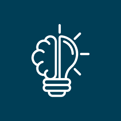 Illustration of skills development. Shape of a lightbulb where the left side is an illustration of a brain and the right side of a lit lightbulb