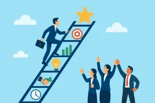 Business professionals ascending a ladder towards a shining star, symbolizing ambition and success in their careers.