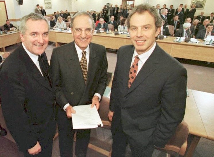 Bertie Ahern (Irish Taoiseach), George Mitchell (US Special Envoy) and Tony Blair (UK Prime Minister)