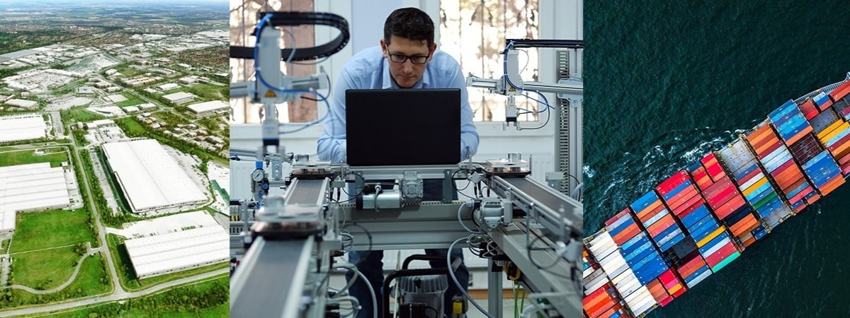 operations plant, man on a laptop, cargo container