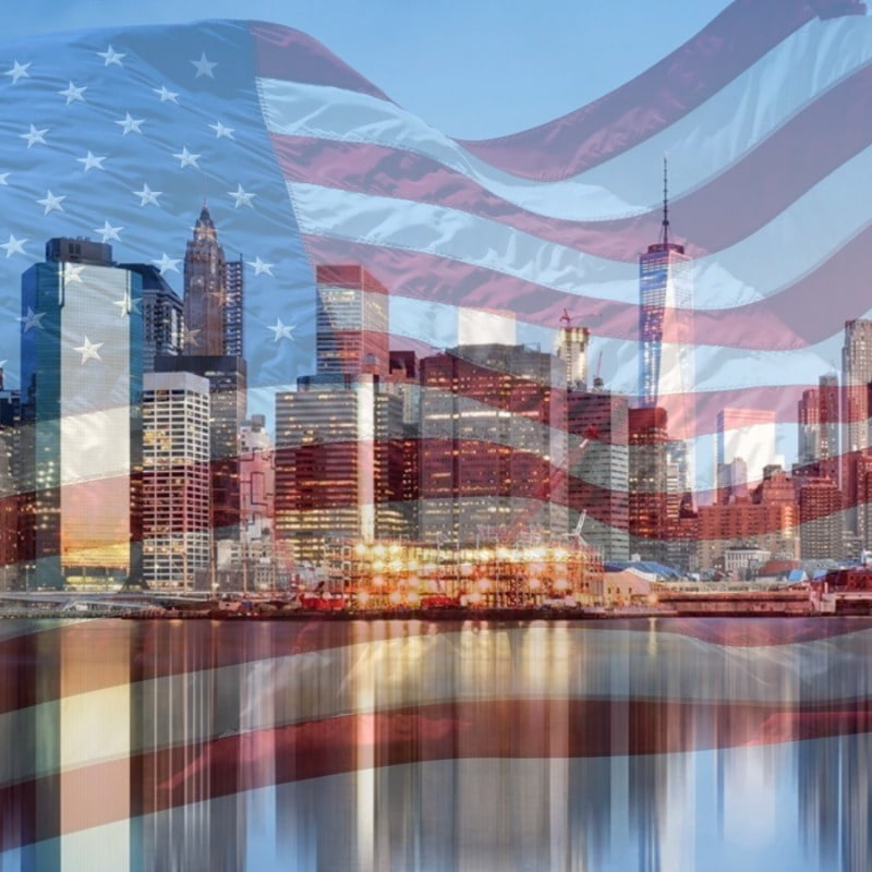 USA flag on New York Skyline