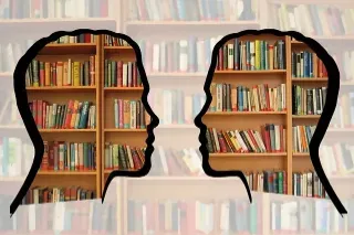 Two individuals confront each other before a bookshelf, representing the challenge of navigating information overload.
