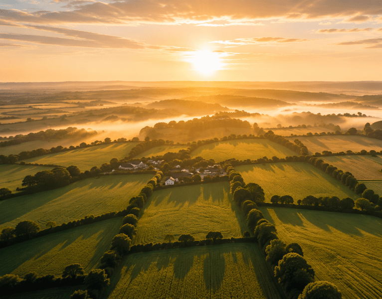 An image of rural green farm fields in the UK in sunlight
