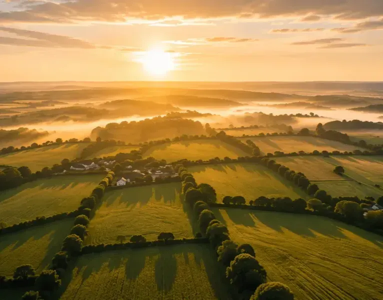 An image of rural green farm fields in the UK in sunlight