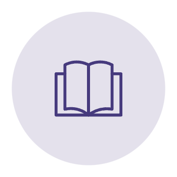 A circular purple icon featuring a simple outline of an open book, symbolising knowledge, learning, or education.