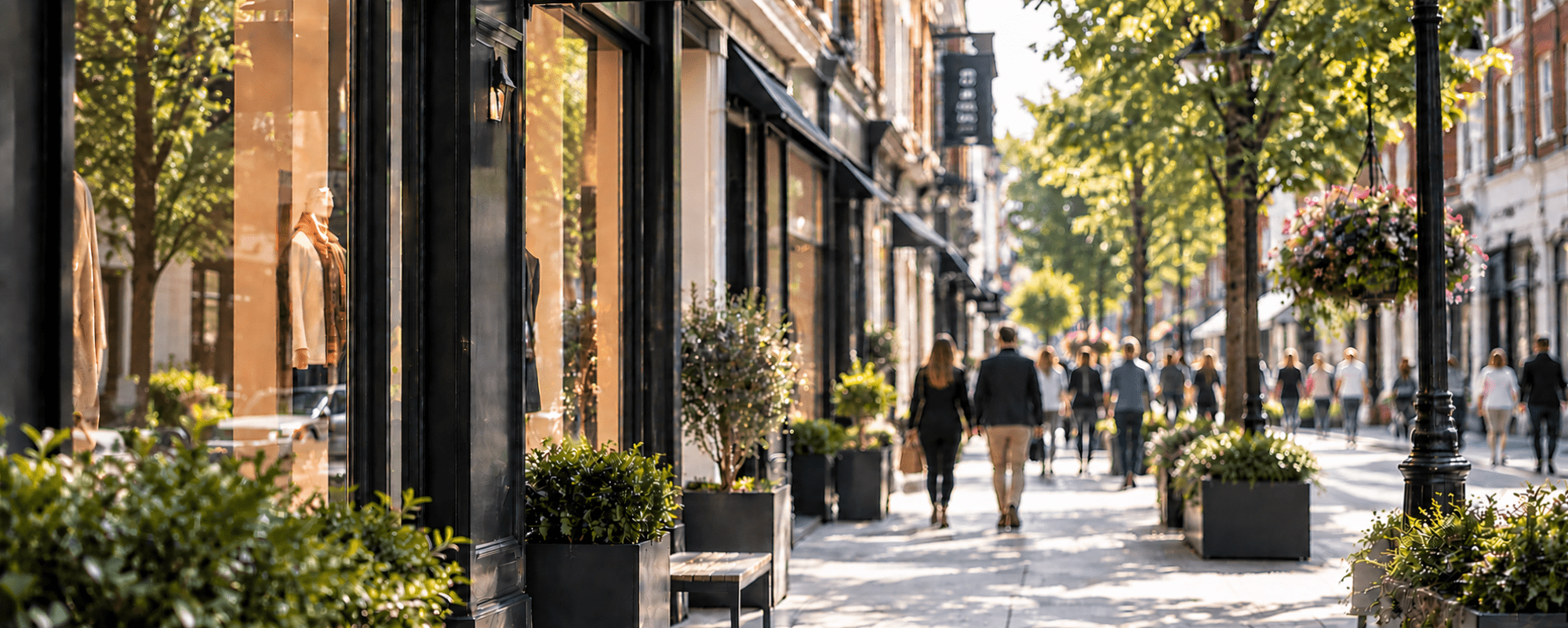 Busy London Street with Retail Stores and Hospitality Bars