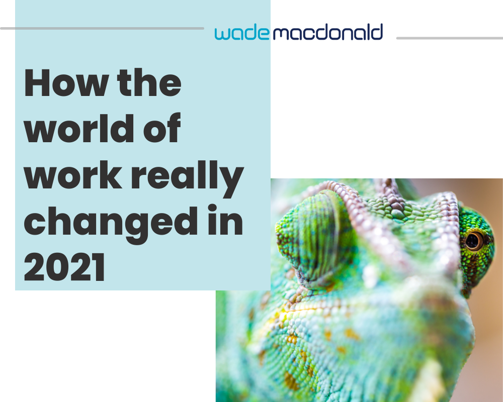 Front cover image, featuring a chameleon, of our report 'How the world of work changed in 2021'