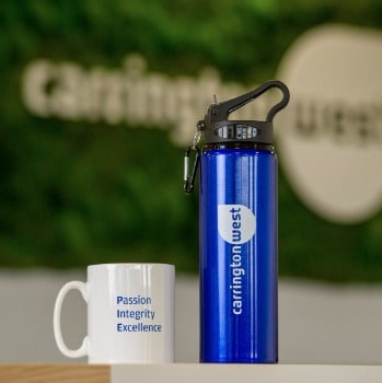 Carrington West logo branded mug and water bottle