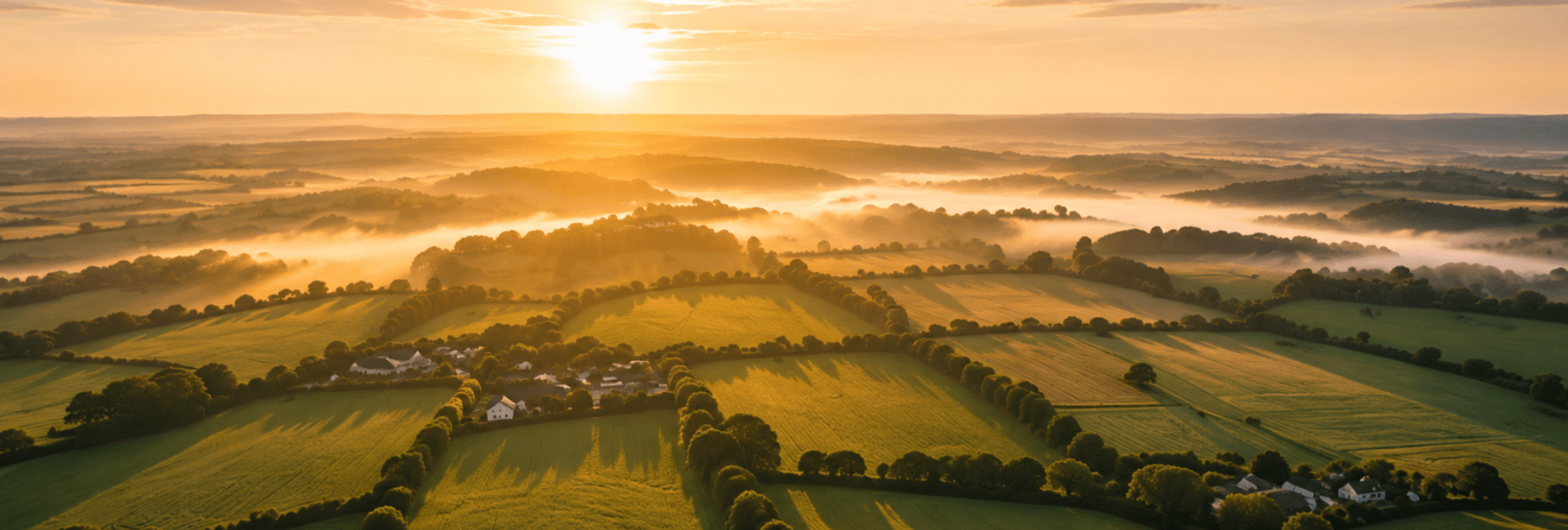An image of rural green farm fields in the UK in sunlight