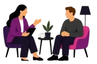 Two people sat together engaging in conversation 