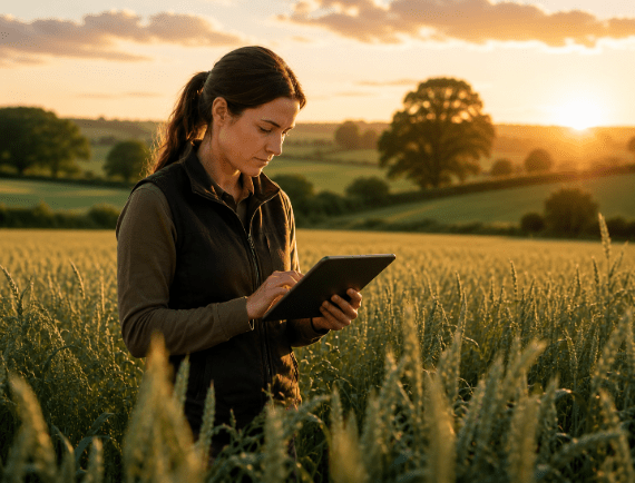 A woman in the agricultural sector in a Gillet looking at her iPad in a corn field in the sunlight