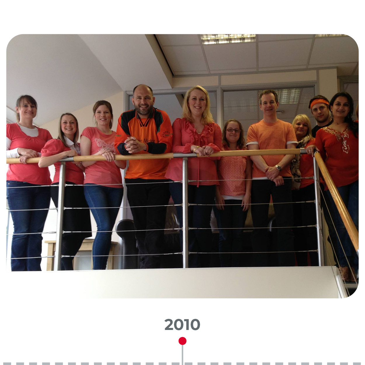 The ONE Group's employees smiling dressed in orange t-shirts for Magpas Air Ambulance fundraising activities.