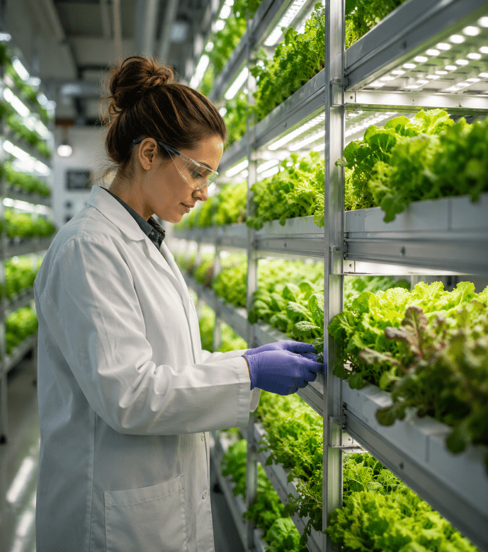 A plant research scientist in a lab coat looking at plants in a vertical farm