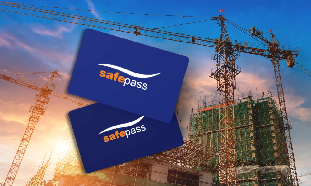 Safe Pass cards with construction site background