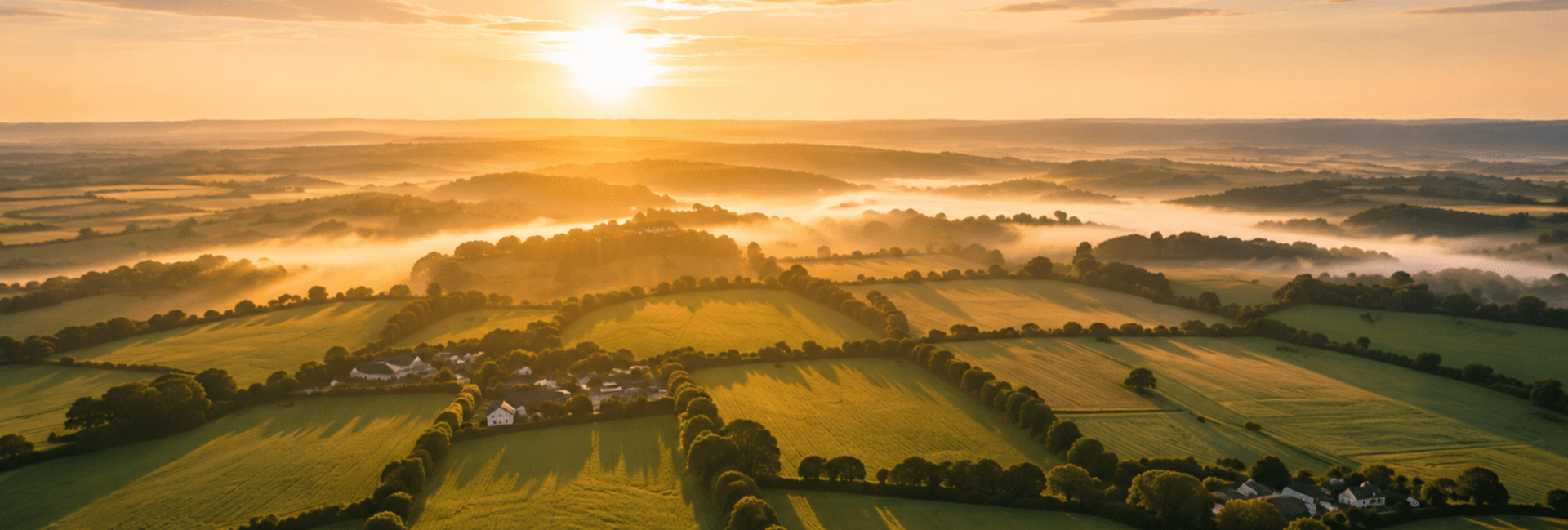An image of rural green farm fields in the UK in sunlight