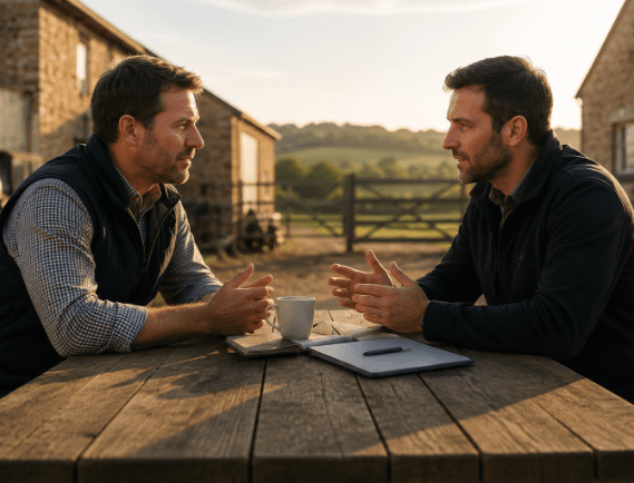 A farmer having a meeting with a sales person at a bench on the farm with a coffee