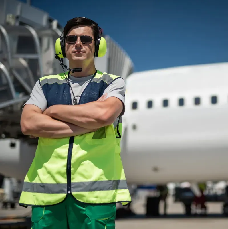 -	a man working as a platform agent. He is standing in front of an airplane. He is wearing  sunglasses and a headset to communicate.