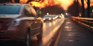 Blurry image of car driving in the sunset