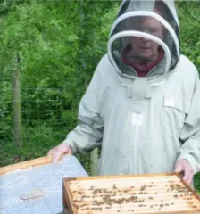 man wearing a bee suit