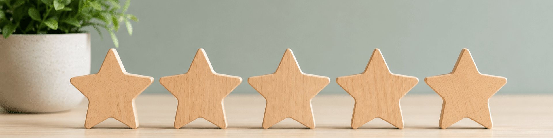 five brown stars on a desk with a plant depicting 5 star service