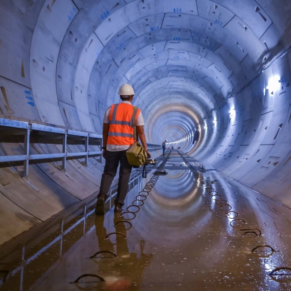 Engineer walking down a tunnel