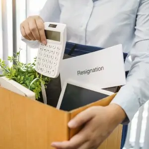 Employee packing up belongings and job resignation