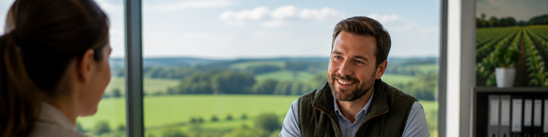 An agricultural professional having a meeting in an office with an office with windows looking out to green fields