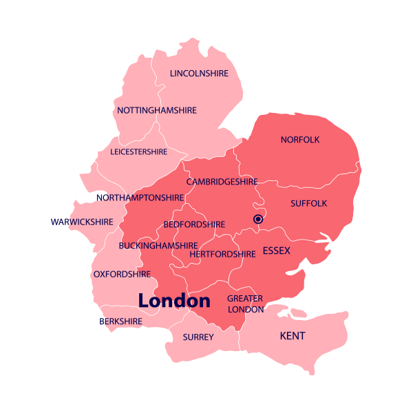 map of the Central and Eastern Regions of the UK